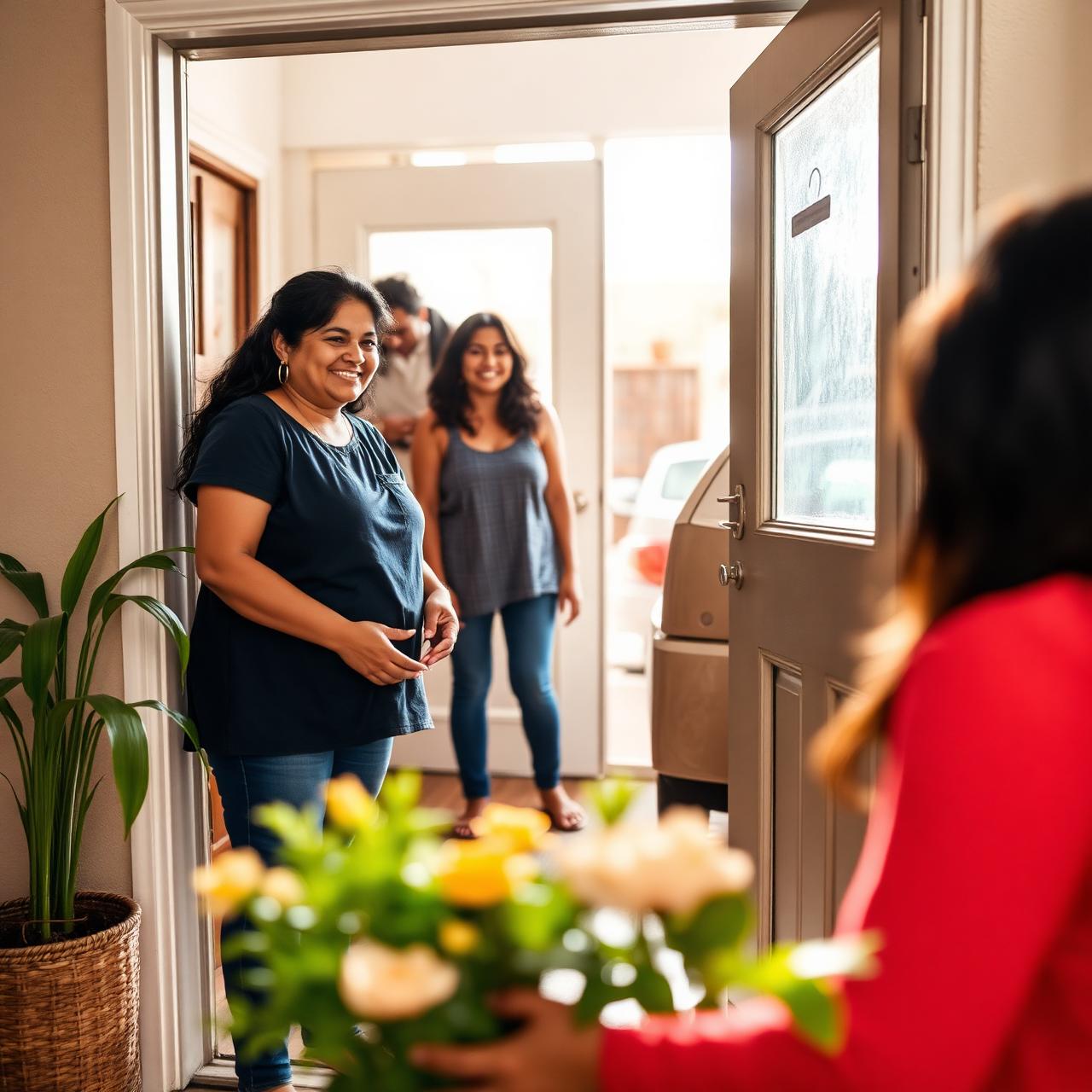 Familia recibiendo con confianza a una persona verificada en casa